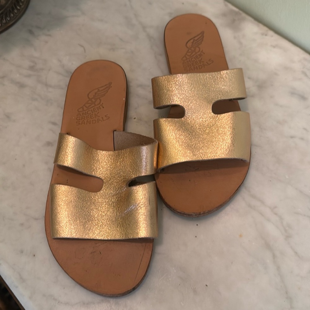 Ancient Greek Sandals Gold Leather Slide Sandals